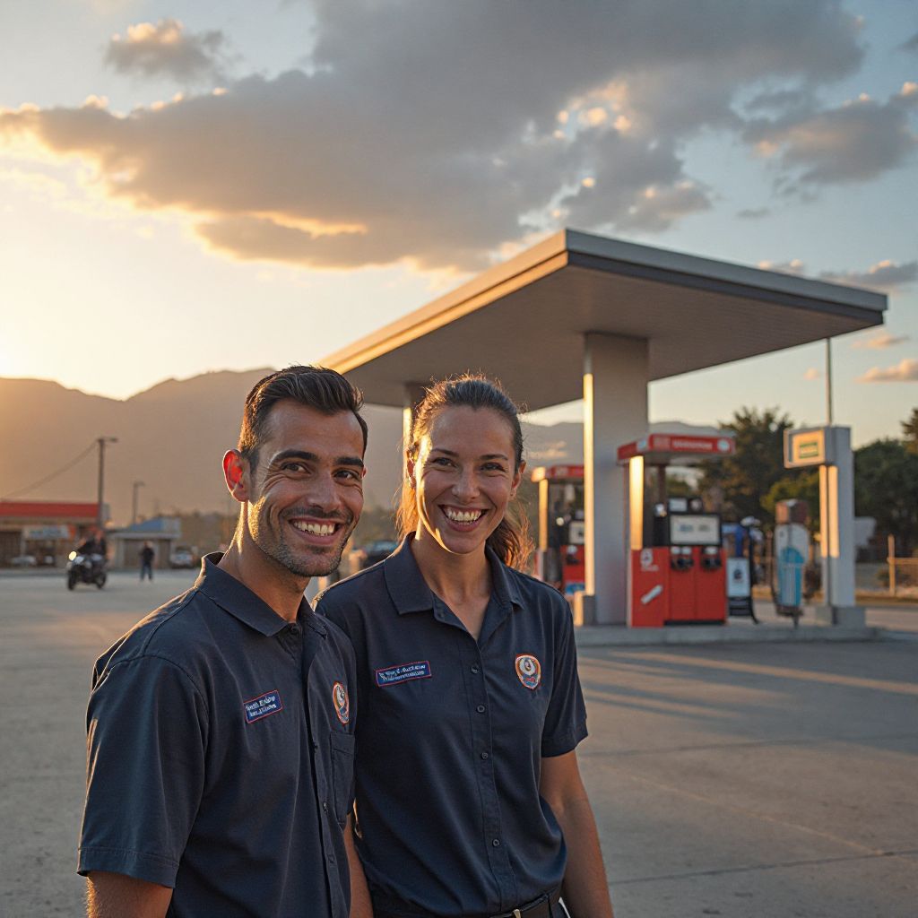 Estación de servicio moderna de GasArg con empleados sonrientes
